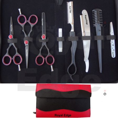 5.0” Black Finish Scissors 5.5” Black finish Scissor, 5.5” Black finish thinning Scissor, Thinning Razor with one blade and one Comb Steel Razor Plastic Comb Steel tweezers. Oil Bottle Red and BLACK Kit. New style kit. with zipper and extra flap with Velcro. Kit Size when Close 10” x 6.6”