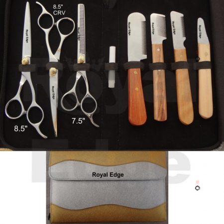 8.5" Pet Grooming Shears 8.5" CURVED Pet Grooming Shears 7.5" Thinning Shears Stripping Knife 4 pcs Oil Bottle Silver And Golden Kit With zipper and extra Flap Kit Size wen closed 10" x 6.6" You can also select your required scissors and tools from our web site we will adjust your required tools in this kit.