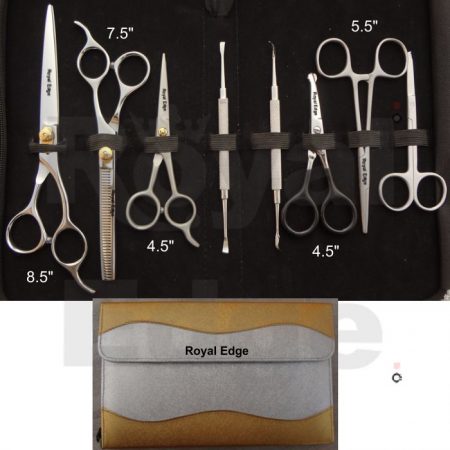 8.5" Pet Grooming Shears 7.5" Thinning Shears 4.5" Small Scissors Fine Point Scalar and Flat Point 5.5" Forceps Nail Scissors Oil Bottle Silver And Golden Kit With zipper and extra Flap Kit Size wen closed 10" x 6.6" You can also select your required scissors and tools from our web site we will adjust your required tools in this kit.