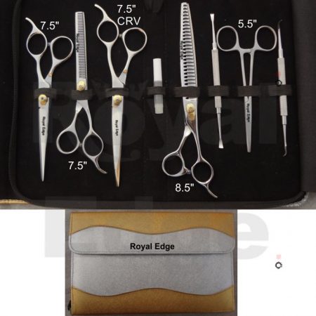 7.5" Pet Grooming Shears 8.5" Curved Pet Grooming Shears 7.5" Thinning Shears 8.5" U Teeth Thinning Shears Fine Point Scalar and Flat Point 5.5" Forceps Oil Bottle Silver And Golden Kit With zipper and extra Flap Kit Size wen closed 10" x 6.6" You can also select your required scissors and tools from our web site we will adjust your required tools in this kit.