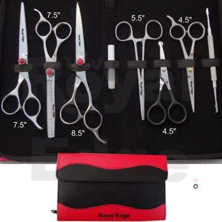 7.5" Pet Grooming Shears 7.5" Thinning Shears 8.5" Pet Grooming Shears Fine Point Scalar 4.5" Small Scissors 5.5" Forcep 4.5" Ball Tip Scissors Oil Bottle Red And Black Kit With zipper and extra Flap Kit Size wen closed 10" x 6.6" You can also select your required scissors and tools from our web site we will adjust your required tools in this kit.