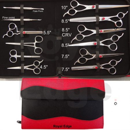 7.5" Pet Grooming Shears 7.5" Thinning Shears 8.5" Pet Grooming Shears Fine Point Scalar 4.5" Small Scissors 5.5" Forcep 4.5" Ball Tip Scissors Oil Bottle Red And Black Kit With zipper and extra Flap Kit Size wen closed 10" x 6.6" You can also select your required scissors and tools from our web site we will adjust your required tools in this kit.