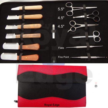 Fine Point Scalar Flat Scalar Nail Scissors 4.5" Scissors 4.5" Ball Tip Scissors 5.5" Forceps Stripping Knives 6 Pcs Oil Bottle Red And Black Kit With zipper and extra Flap Kit Size when Close 11.9” x 10.6” You can also select your required scissors and tools from our web site we will adjust your required tools in this kit.