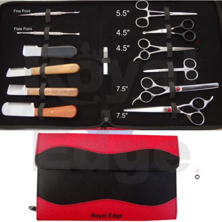 7.5" Pet Grooming Shears 7.5" Pet Grooming Thinning 4.5" Nail Scissors 4.5" Scissors 4.5" Ball Tip Scissors 5.5" Forceps Stripping Knives 4 Pcs Fine Point Scalar Flat Scalar Oil Bottle Red And Black Kit With zipper and extra Flap Kit Size when Close 11.9” x 10.6” You can also select your required scissors and tools from our web site we will adjust your required tools in this kit.