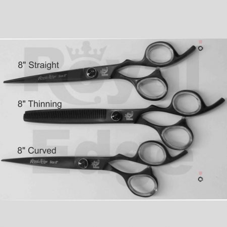 Pet Grooming Shears Black color set of 8" Shears Included 8" Straight Shears 8" Curved Shears 8" Thinning Shears